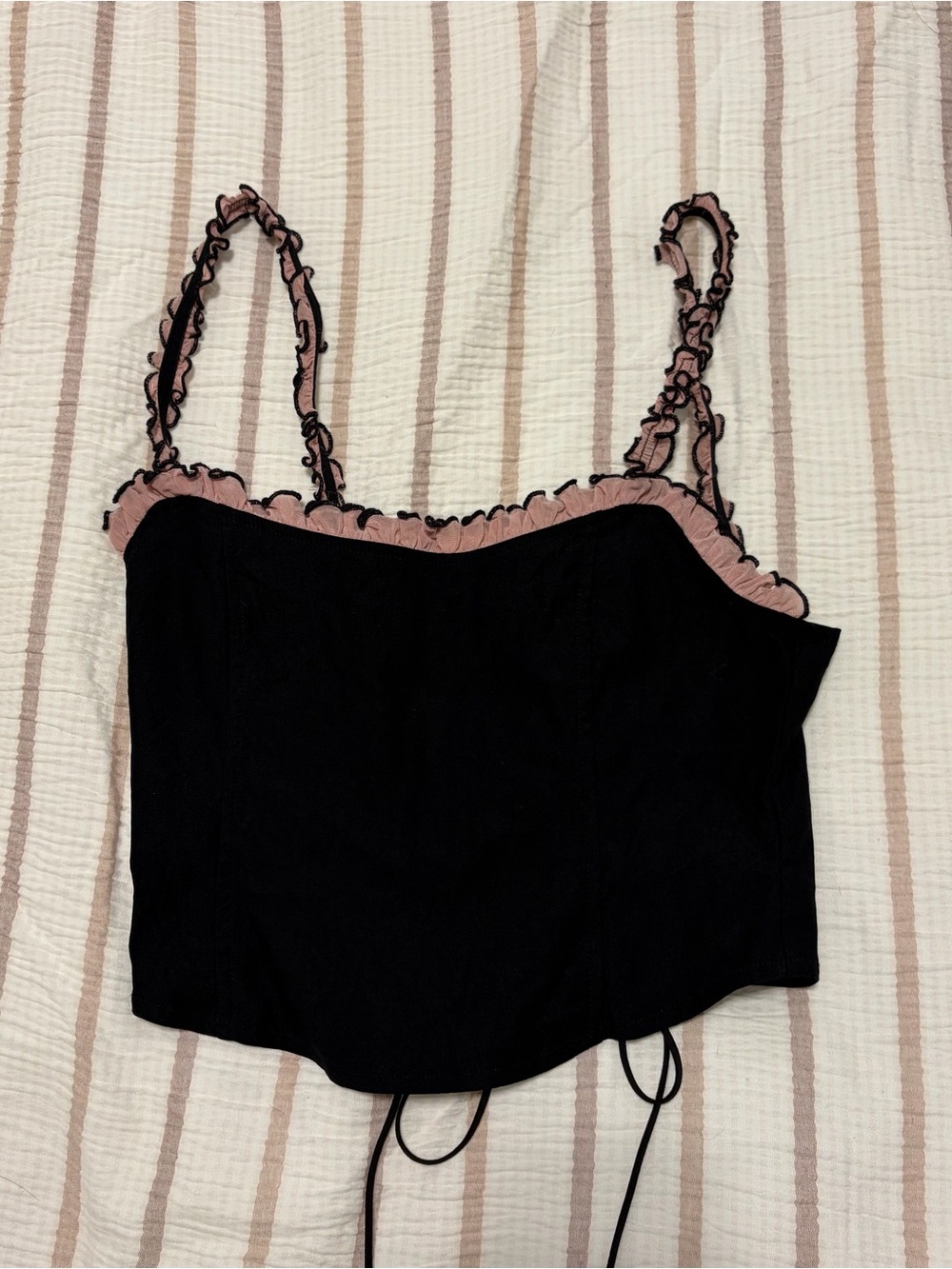 Sleeveless Black Corset Crop Top with Pink Ruffle Trim